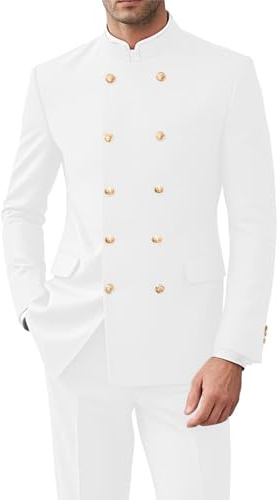 CYANDUSTY Chinese Tunic Suits for Men Mandarin Collar Formal Jacket Slim Fit Gold Button Blazer Traditional Uniform Groom Wedding Prom Suit L