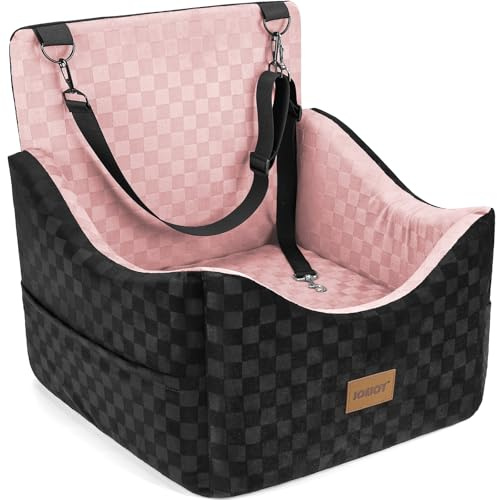 JOEJOY Elevated Dog Car Seat for Small/Medium Dogs up to 35 lbs, Memory Foam Booster Seat with Detachable Washable Cover, Travel-Safe Car Bed with Safety Belts & Storage Pockets, Pink