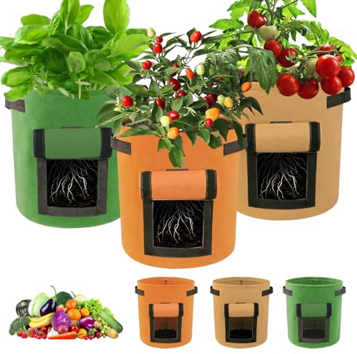 Eidoct 6-Pack 10 Gallon Potato Grow Bags with Window Flap, Vegetable Growing Bags with Handles, Multicolor Breathable Felt Fabric Plant for Tomato Carrot Onion