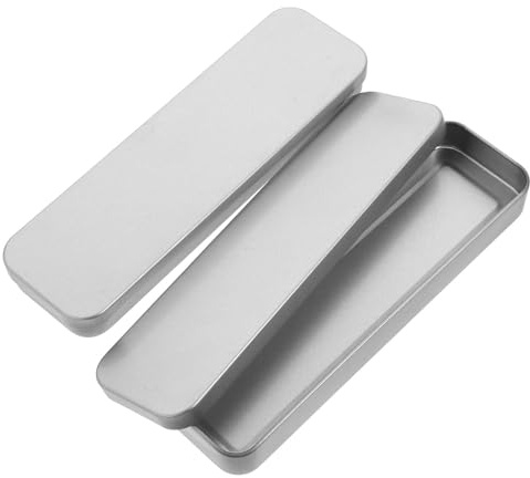 Mikikit 2pcs Tinplate Stationery Organizer Pencil Box with Lid Design Rectangular Silver Portable Storage Case Stylish Smooth Finish for Students on The Go and Office