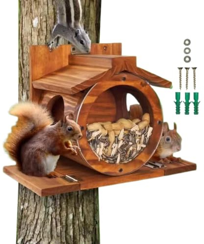 Mangiatoia per Scoiattoli da Esterno in Legno Alimentatore per Scoiattoli | Box Conservazione Nocciole Cibo per Animali da Cortile Siepe Albero