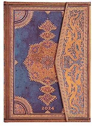 Paperblanks | Safawidisches Indigo 2024 | Safawidische Bindekunst | 12 Monate | Midi | Horizontal | Wickelverschluss | 160 Pg | 100 GSM