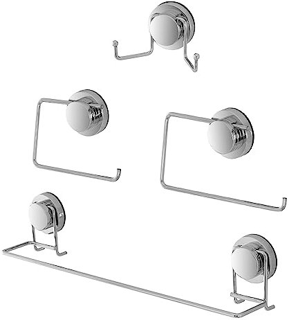 Set Accessori da Bagno 5 Pezzi in Acciaio Cromato, Fissaggio a Parete con Attacco a Ventosa