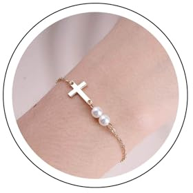 Yienate Unique Minuscule Perle Croix Bracelets Chaîne D'or Chaîne Croix Harnais Main Dainty Perle Lien Croix Bracelets Esclave Bijoux Religieux Pour Les Femmes Et Les Filles