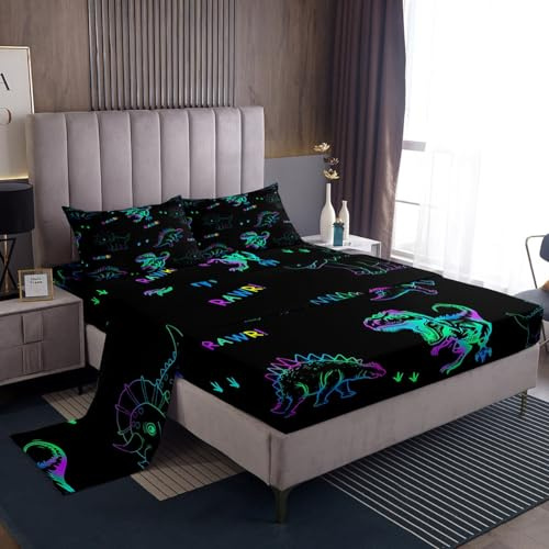 Trippy Dinosour Kids Sheet Full Size,Wildlife Animals Paws Toddle Bedding Set,Boys Men Room Decor,Watercolor Neon Dinosaur Black Cute Bed Sheet Set 4pcs(Fitted + Flat + 2 Pillowcases)
