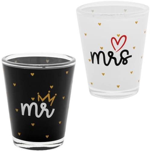 GRUSS & CO Set di bicchieri da liquore con motivo Mr. & Mrs. | Set regalo con 2 bicchierini da liquore, 6 cl, in nastro regalo, regalo di nozze, per coppie, per due | 73871