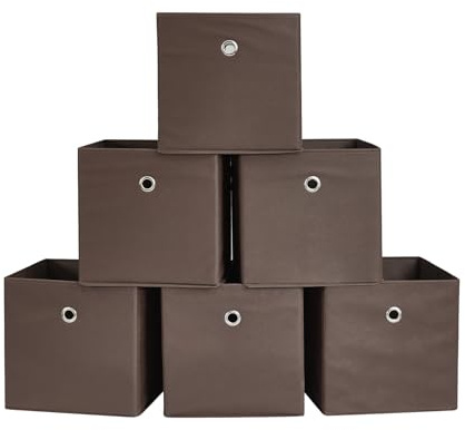 Webeasy Square Brown Canvas Fabric Storage Box, Pack of 6 Eyelet Cube Foldable Open Bins for Home Office Nursery Organisation,28X28X28(cm) Brown