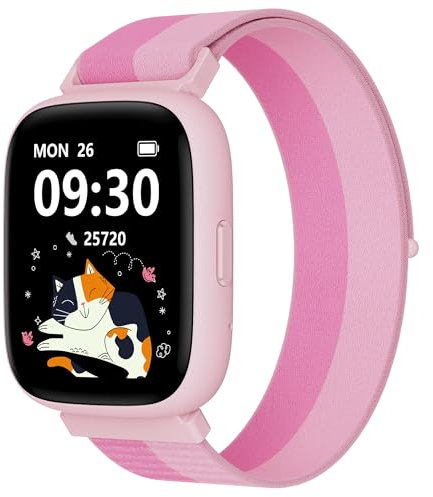 BIGGERFIVE Fitness Tracker för flickor Ado 5-16, 1,8 tum smartwatch med stegräknare, hjärtfrekvens, IP68 vattentålig, sömnskärm, pusselspel med/utan APP, nylon