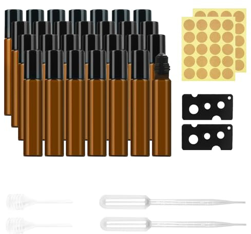AYSYR Roll on - Botellas vacías de 10 ml con 40 etiquetas adhesivas, 2 pipetas, 2 cuentagotas pasteurizadas, 2 aberturas, aceites esenciales, botellas marrones (28 unidades)