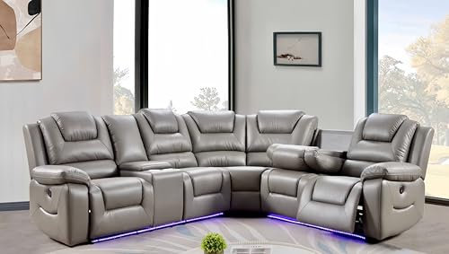 Divano angolare in pelle Oxford di lusso con portabicchieri, porte di ricarica USB, luci a LED e ricarica wireless, divano reclinabile elettrico in pelle grigia