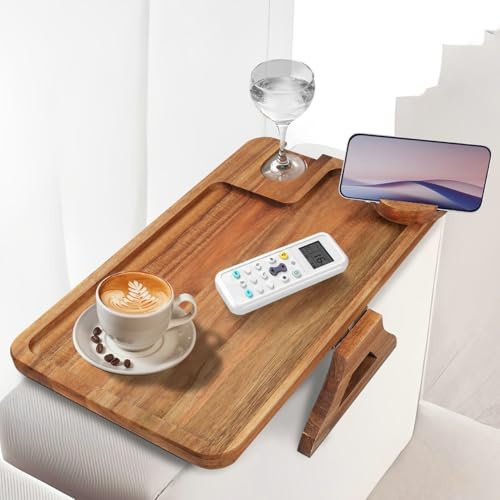 Comfoyar Bandeja Brazo Sofá, Madera Mesa Reposabrazos Sofá de Clip con Soporte Copas Vino, Mesa Plegable Sofa con Soporte Teléfono Giratorio 360°, Bandeja Sofa para Aperitivo Bebida Mando a Distancia