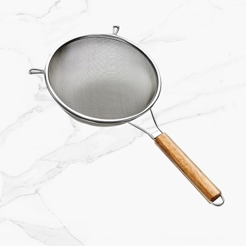 Setaccio in Acciaio Inox 304 Setaccio da Cucina Scolapasta Setaccio Domestico con Manico in Legno Rosso Setaccio Fine Premium Fine Setaccio A Punta per Filtrare La Farina Setacciare. Argento
