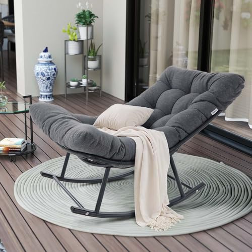 IRONCK Outdoor Rocking Chair, Patio Papasan Rocking Chair with Cushion, Wicker Modern Egg Rocker, Indoor Comfy Lounge for Living Room Garden Porch Balcony, Gray