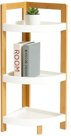 Relaxdays Eckregal Bambus, 3 halbrunde Ablagen, HBT: 77x23x23 cm, Standregal Bad & Küche, platzsparend, Natur/weiß