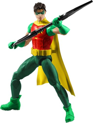 Mattel DC Premier, 16,5 cm Robin-actionfigur, serie 1, detaljerad superhjältedesign, 22 rörliga leder och cape i tyg, vapenställ och tillbehör
