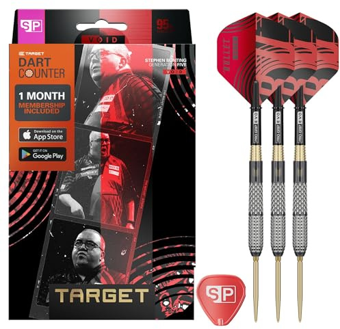 Target Darts Stephen Bunting G5 Void Punta de Acero Swiss Punto Dardos, 18G | 95% Tungsteno Dardos Set, Player Edition Negro y Dorado, Ejes Pro Grip y Plumas N.º 2, Incluida Herramienta SP