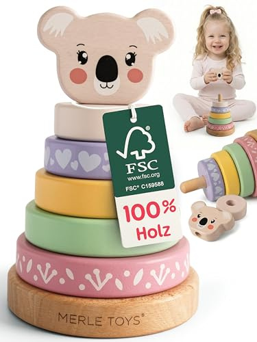 Merle Toys Torre impilabile a partire da 1 anno, giocattolo in legno 100% certificato FSC, torre impilabile in legno, Montessori, gioco impilabile a partire da 1 anno, senza BPA, torre, giocattolo per