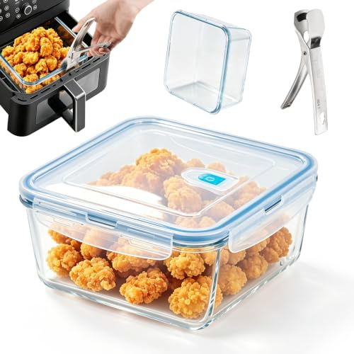 Plats à Four en Verre pour Air Fryer avec Couvercle et Lnox Pinces | 19x19 CM, Plat Air Fryer en Verre, Maximum 350 °C, Lave-Vaisselle, Accessoires Airfryer pour Ninja Cosori Philips