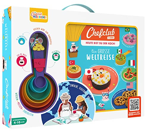 Chefclub Network - Coffret Cuisine Enfants « Le Grand Voyage du Monde » - Livre de Recettes Version Allemande avec Gobelets Doseurs, Atlas Illustré et Autocollants - Dès 4 Ans