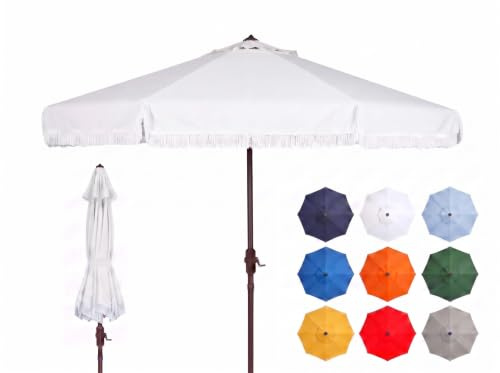 SAFAVIEH Outdoor - Milan 9-Foot Crank Patio Umbrella - Ivory & White Canopy - Brown Aluminum Pole - Decorative Fringe Trim - Ideal for Patio, Deck, Poolside, Backyard (PAT8008C)