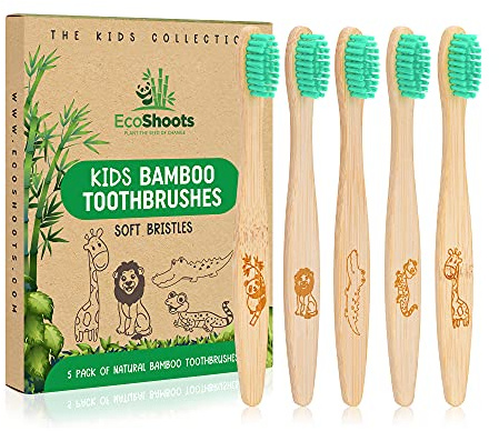EcoShoots Kids Bamboo Toothbrushes with Super Soft Bristles | Pack of 5 Kids Toothbrushes | Eco-Friendly Natural Wooden Childrens Toothbrush | Organic Biodegradable Handle | BPA Free Kids Toothbrush