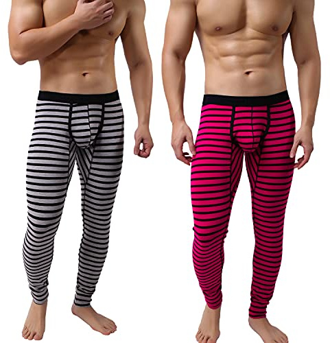 KAMUON Men’s Cotton Pouch Underwear Long Johns Thermal Pants Bottoms Leggings, 2 Pack-grey/Rose Red, Large