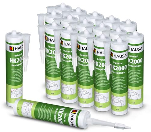 HAUSA Colle de montage universelle HK2000 Colle acrylique à dispersion adhésive Idéale pour les supports poreux à l'intérieur et à l'extérieur Résistance finale 200kg/10cm² 18x 310ml Blanc