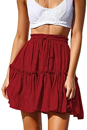 Hoerev Womens Girls Floral Flared Short Skirt Cute High Waist Ruffle Skirt Beach Mini Skirt,Large,DarkRed
