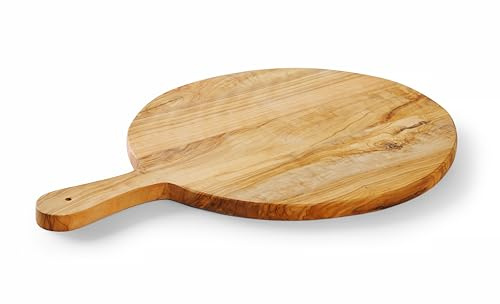 HENDI Tabla de Servir, de Madera de Olivo, con Mango y Orificio para Colgar, Tabla de Quesos, Tabla de Cortar, Tabla de Desayunos, Tabla de Cocina, Tabla de Tapas, Redondo, aprox. ø320x(H)19mm