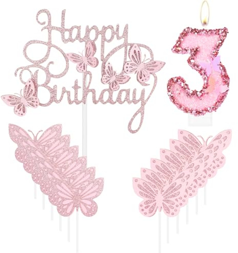 Glad Fjäril Födelsedagsljus - Rosa Nummer 3 Med Tårta Cupcake Topper För Flickor, Tårtdekorationer För 3:e Födelsedagen, Söt Dekoration För Fjäril Temafest