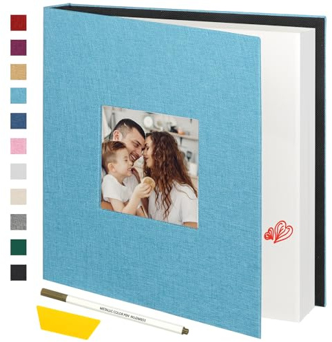 Miaikoe Photo Album Self Adhesive Scrapbook Album for 4x6 5x7 8x10 Pictures,40 Pages Linen Cover Album with Display Window DIY Book with A Metallic Pen and Scraper (Teal)