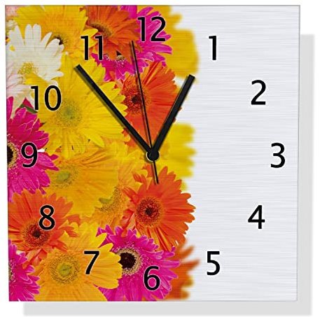 Wallario Design Wanduhr Bunte Gerberas - Pinke, gelbe, rote und weiße Blüten aus Aluverbund, Alu-Uhr Größe 30 x 30 cm, Schwarze Zeiger mit Metalloptik