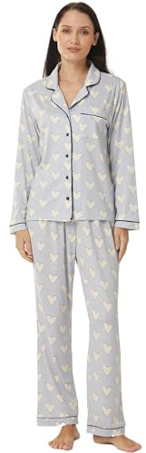 YUSHOW Dampyjamas lång tvådelad hjärttryck button down skjorta pyjamasbyxor bekväma mjuka nattkläder kvinnor pyjamas, Blå kärlek, S