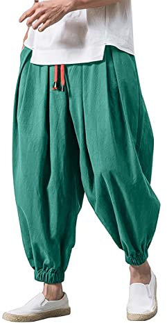 Haremshose für Herren – Baumwoll-Leinenhose, einfarbig, weites Bein, normale Passform, Kordelzug, athletische Yogahose, Hippie-Kleidung, Baggy-Jogging-Stiefel, leichte Hose, Sporthose mit Gürtel,