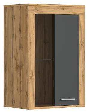 xonox.home Wohnzimmer Jam Vitrine Glasvitrine Dekoschrank Glas-Kommode Stauraumschrank Hängevitrine Standvitrine in Front grau Nb. Korpus/Absetzung Wotan Eiche Nb., ca.60x86x35 cm