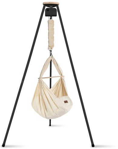 SCHMUSEWOLKE Federwiege Bio mit Tipi Anthrazit und Anthrazit Motor - für Babys ab Geburt bis 15 kg - Federwiegen-Set mit Gestell und Motor - mit Schafwollmatratze
