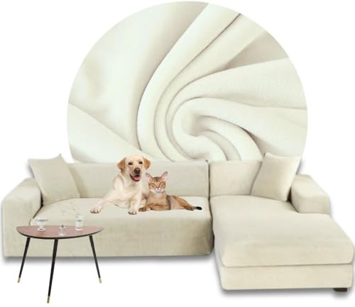 Domidekor Sofa Überzug L-Form – Elastischer Samt Couchbezug, Weich und Wasserdicht – Couch überzug fur 2/3 Sitzer, Sofaüberwurfe mit Anti-Rutsch-Schaumstoffe, Creme, Rechts