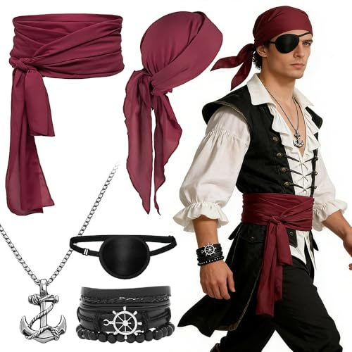 Weciau Piratenkostüm Herren, 5er Mittelalter Pirate Accessories Set mit Kopftuch Augenklappe Halskette Armband Hüfte Tuch, für Karneval Fastnacht Halloween Mottoparty Cosplay Party