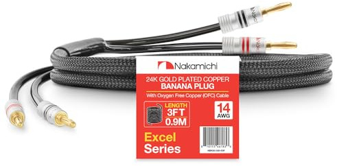 Nakamichi Excel Series Connettore a Banana Placcato in Oro 24k con Cavo degli Altoparlanti Rame Senza Ossigeno al 99.9% (OFC) Intrecciato Robusto per Amplificatore Hi-Fi - Nero (14AWG / 3ft / 0,9m)