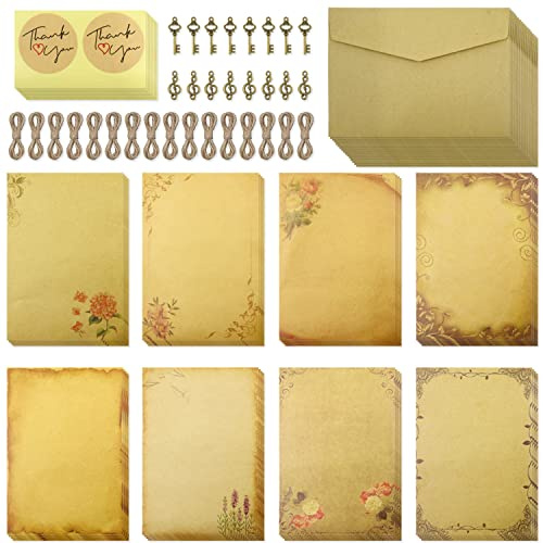 Modixun 96 Stück Vintage briefpapier mit umschlag, briefpapier vintage, briefpapier set, briefpapier edel inklusive 32 altes papier, 16 kraftpapier umschläge, 16 Seile, 16 Anhänger, 16 Aufkleber