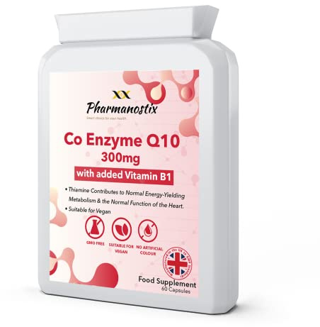Pharmanostix CoEnzyme Q10 Plus 300mg Ubiquinone- 60 Capsules - High Strength Naturally Fermented Trans Form Co Enzyme Q10 - with Vitamin B1 to Support Healthy Heart Function and Energy Metabolism