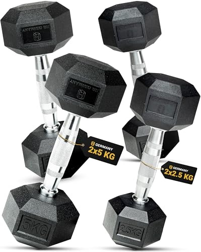 HQ Germany® Hexagon Hanteln 2,5-37,5kg [geruchsarmes PVC] - Studio Hanteln | Gefräster Stahlkern, geruchsarmes PVC, ±1,5% kalibriert, chrombeschichteter Griff, rollt nicht weg, REACH-geprüft