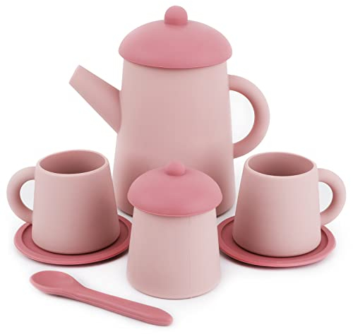 Silicone Tea Party Set, BPA Free Tea Set Toy Cute Toddler Tea Set Tea Party Bath Toy Set for Kids Pretend Play Tea Set for Little Girls Play Kitchen Accessories Gift for Kids (Pink)