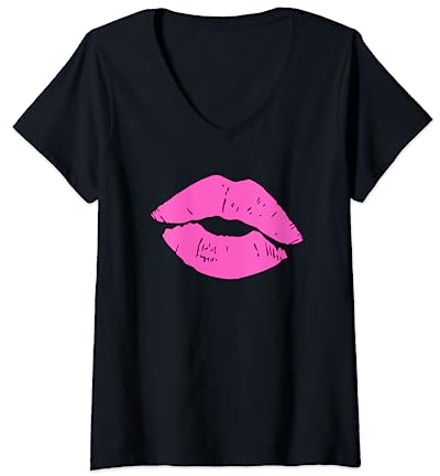 pinker Kussmund I pinke Lippen I Lippenstift I 80er Jahre T-Shirt mit V-Ausschnitt