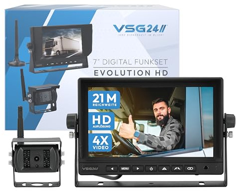 VSG24 9“ Evolution HD XL Funk Rückfahrsystem für Wohnmobil & LKW, KFZ Set kabellos inkl. Rückfahrkamera + Monitor, einfach zum DIY Nachrüsten 12V-24V, Kamera digital, Auto Rückspiegel Einparkhilfe