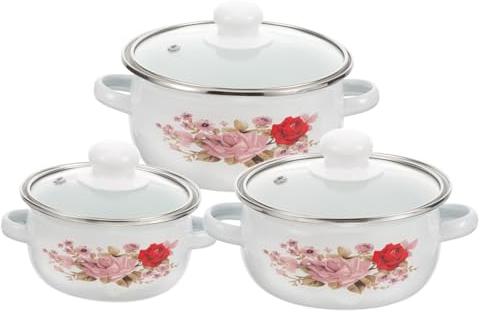 VINTORKY Enamel Cooking Pot Double-Handle Soup Stockpot Vintage Wear-Resistant Stewing Pot for Home Kitchen Multi-use Portable Mini Canteen Enamel Cookware Set