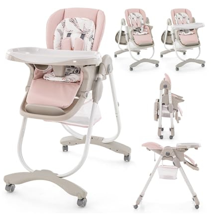 COSTWAY Seggiolone Pappa per Bambini e Neonati, Seggiolone Pieghevole Multifunzione con Ruote, Altezza Regolabile, Poggiapiedi e Schienale, Vassoio Rimovibile, per 6-36 Mesi (Rosa)