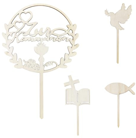 ZORVUJI 4 Stück Tortendeko Kommunion Cake Topper Set, Holz Tortenaufsatz zur Erstkommunion mit Kreuz Design, Taufe Holz Deko für Kuchen Torte Tischdeko