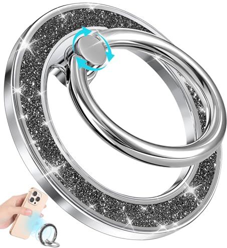 SurgeCraft Phone Ring Holder Compatible with MagSafe - Magnetic Cell Phone Grip for Women Glitter Magnet Removable Finger Ring Grip Stand Cute Black Girly Shine for iPhone 16 15 14 13 Pro Max/Pro/Plus