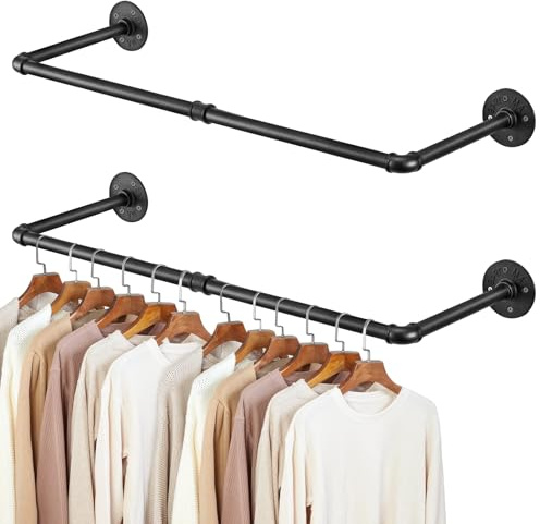 JF HOME BLISS Wall Mounted Clothes Rail Small Garment Bar Towel Holder Industrial Pipe Hanging Rack Vintage Retro Retail Detachable H Wardrobe Rail for Bedroom (Black 2pcs, 96cm)